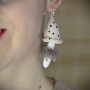 Pink Dotted Mushroom Earrings Handmade Unique Jewery