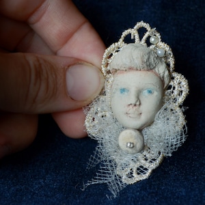 Mini Doll Brooch: Handmade Ceramic  and Lace Art Accessory