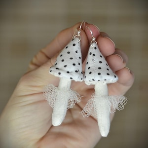 White Dotted Mushroom Earrings Handmade Unique Jewery