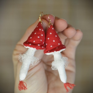 Red Dotted Mushroom Earrings Handmade Unique Jewery