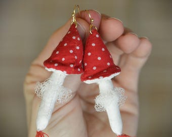 Red Dotted Mushroom Earrings Handmade Unique Jewery
