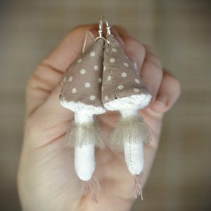 Beige Mushroom Earrings Handmade Unique Jewery