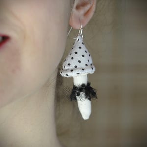 White Dotted Mushroom Earrings Handmade Unique Jewery