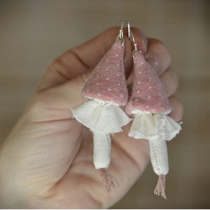 Pink Dotted Mushroom Earrings Handmade Unique Jewery