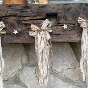 Off White Rustic Bow Shabby Boho Chic Silk Sari Garland | Vintage French Country Cottage Christmas Valentine&#39;s Garland | Vintage Colonial