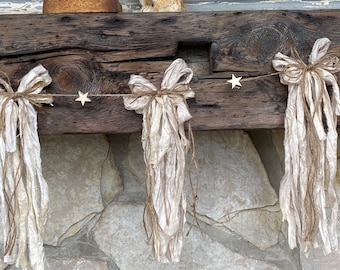 Primitive Victorian Cottagecore Off White Sari Silk Bow Garland | Rustic Farmhouse Shabby Christmas Mantle Staircase Porch Fabric Garland