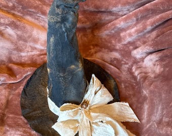 Handmade Primitive Cottagecore Rustic Folk Art Witch Hat Table Sitter | Grungy Shabby Old World Farmhouse Witch Halloween Decoration