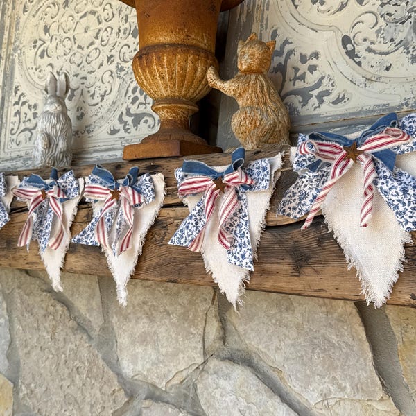 Americana Cottagecore Colonial Primitive Patriotic Shabby Floral Bow Pennant Garland Banner | Rustic 4th of July Fabric Banner