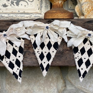 Vintage Shabby French Country Farmhouse Christmas Harlequin Garland | Vintage Circus Birthday Banner Rag Garland | Baby Shower Photo Prop