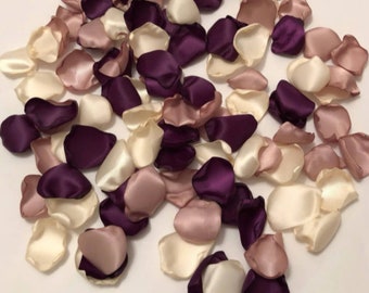 Plum and Rose Gold Satin Rose Petals | Flower Girl Basket Petals | Rustic Barn Wedding Aisle Runner Petals | Boho Chic Wedding