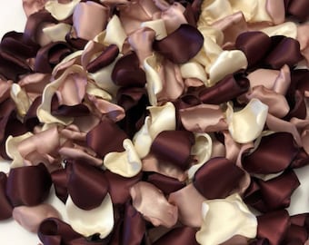 Burgundy and Rose Gold Satin Rose Petals | Flower Girl Basket Petals | Rustic Wedding Aisle Runner Petals | Maroon Wedding Toss Petals