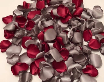 Artificial Satin Wedding Rose Petals | Sweetheart Table | Wedding Aisle Runner | Bridal Flower Petals | Wine and Silver Rose Petals
