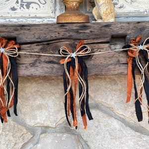Shabby Vintage Halloween Autumn Recycled Silk Sari Bow Garland | Halloween Mantle Staircase Garland | Colonial Halloween Decoration