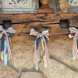 Bow Garland | Shabby Fourth of July Fabric Garland | Patriotic Memorial Day Fabric Fence Mantle Garland | 4th of July Party Rag Garland