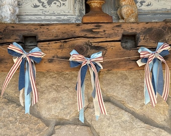 Shabby Americana Patriotic Bow Garland | 4th of July Garland Banner | Memorial Day Party Decor | Rustic Colonial Fourth of July Garland