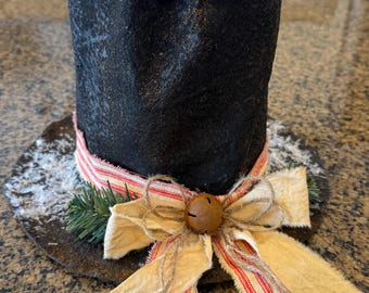 Handmade Rustic Folk Art Grungy Snowman Top Hat Table Sitter | Shabby Old World Farmhouse Christmas Decorations | Snowman Holiday Decor