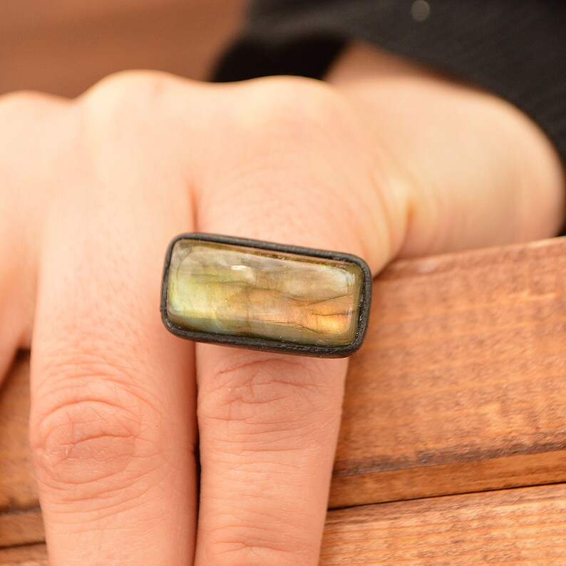bar ring leather band ring modern ring women Labradorite moonstone Ring