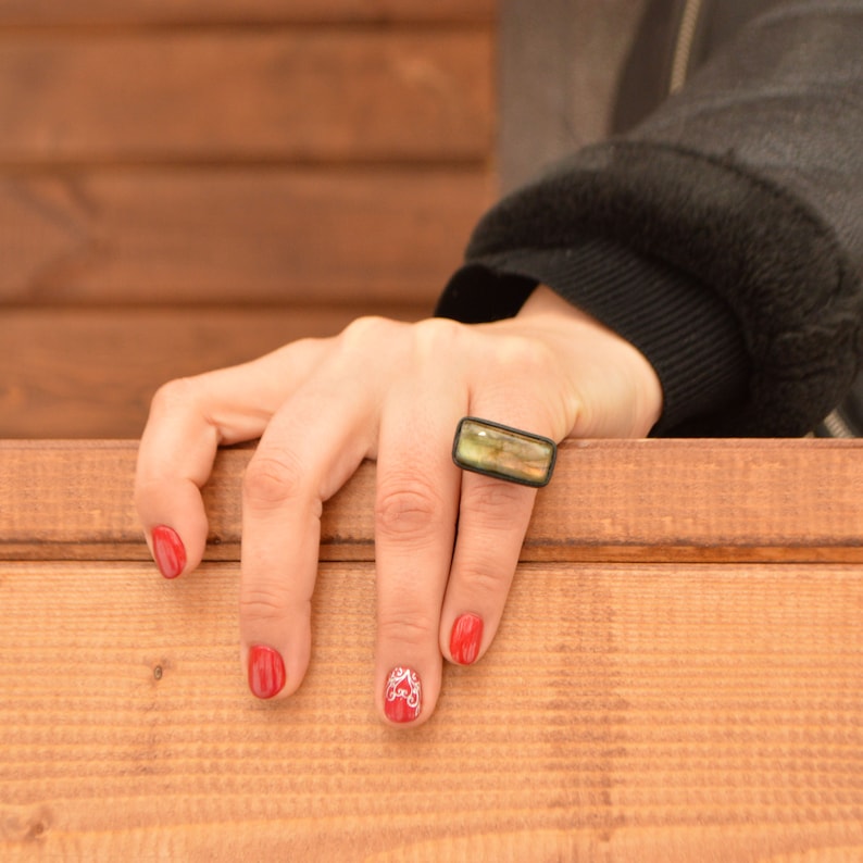 bar ring leather band ring modern ring women Labradorite moonstone Ring