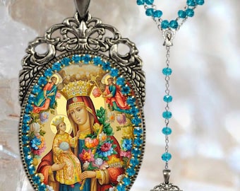 Rosario della Vergine della Unfading Bloom artigianali religiosi cattolici di Christian gioielli Medaglia ciondolo Madonna del Perpetuo Soccorso Theotokos