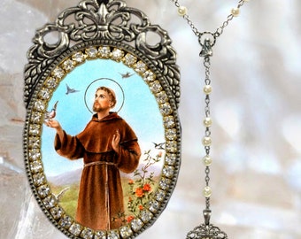 Franz von Assisi Rosenkranz - Schutzpatron der Tiere - handgemachte katholischen christlichen religiösen Schmuckanhänger Medaille