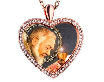 Divine Protector Heart Necklace - Saint Padre Pio Embellished Pendant - Patron of Healing and Hope