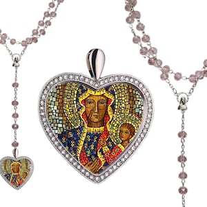 Black Madonna of Czestochowa, Stainless Steel Heart Rosary, Patroness of Poland, Black Madonna pendant, Madonna and Child, Christian gift