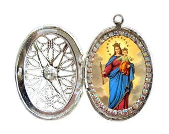Heaven's Secret Keepsake - Our Lady Help of Christians Filigree Stainless Steel Locket Necklace