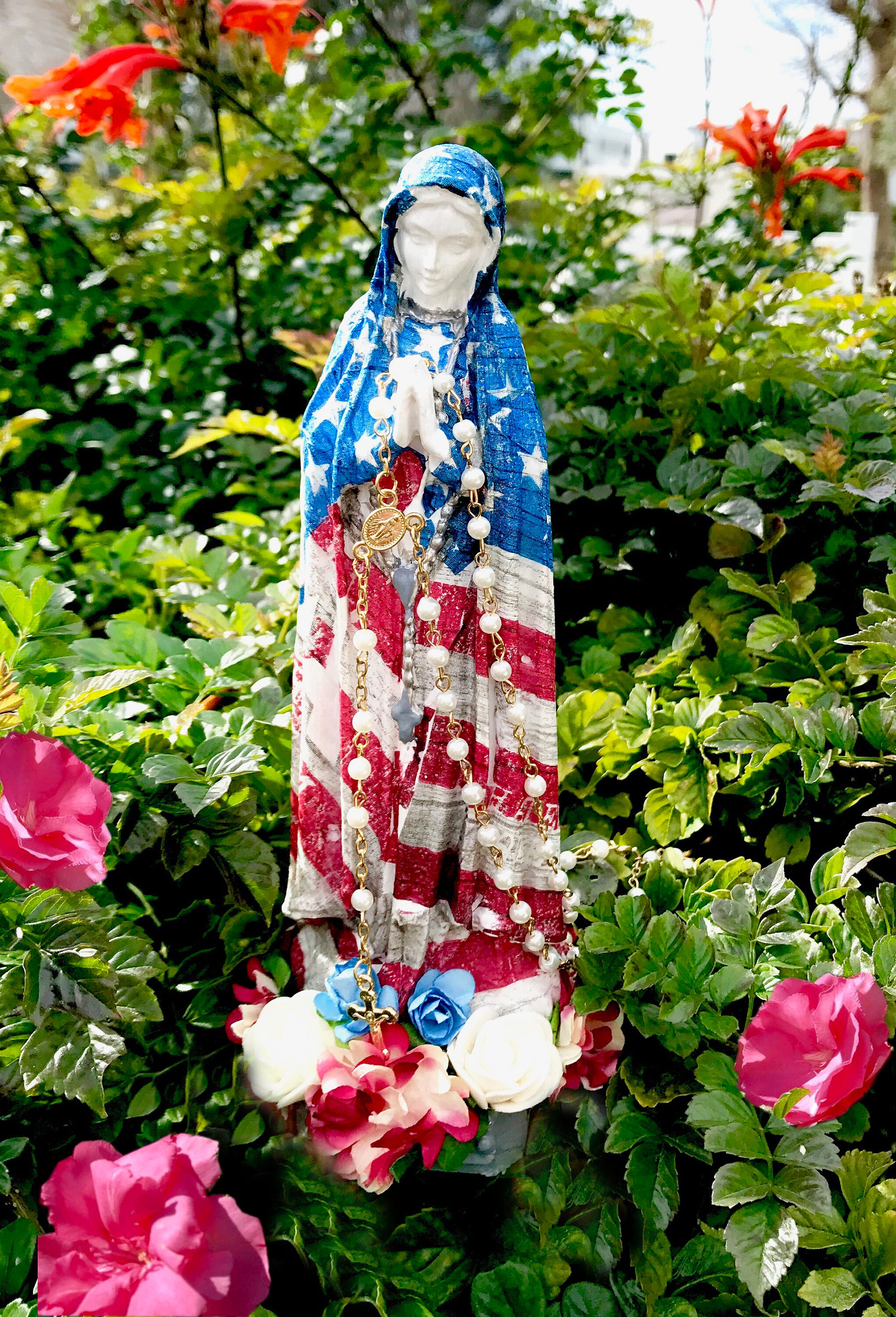 Unique Our Lady USA Handpainted Statue; Religious Mary statue; Plaster