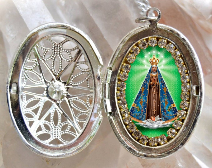 Our Lady of Aparecida Brazil Patroness Padroeira do Brasil Handmade Locket Necklace Catholic Christian Religious Jewelry Medal Pendant