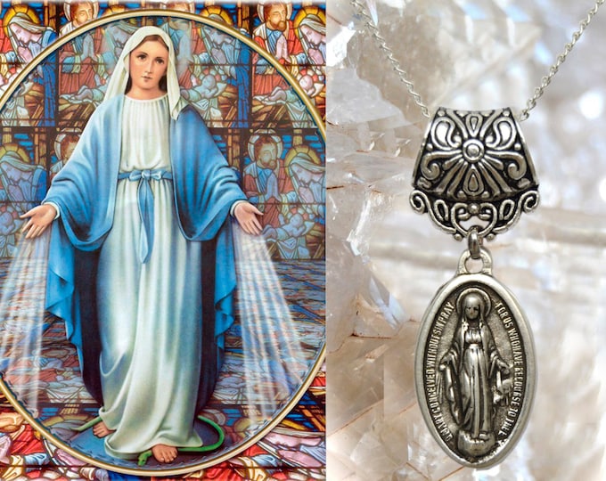 Our Lady Mary Mediatrix of All-Grace Charm Necklace Miraculous Medal Catholic Christian Religious Jewelry Medal Pendant