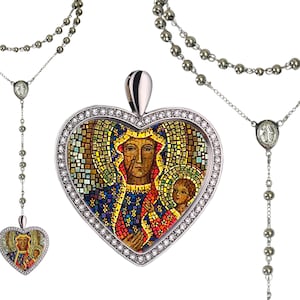 Black Madonna of Czestochowa, Stainless Steel Heart Rosary, Patroness of Poland, Black Madonna pendant, Madonna and Child, Christian gift