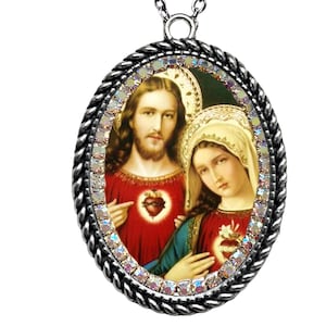 Sacred and Immaculate Heart of Jesus and Mary Necklace; Devotional Catholic Jewelry of Jesus and Mary; Marian Gift; Christian Mary and Jesus
