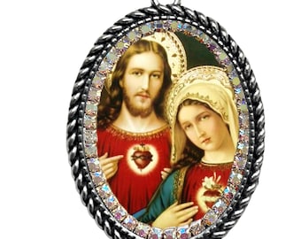 Sacred and Immaculate Heart of Jesus and Mary Necklace; Devotional Catholic Jewelry of Jesus and Mary; Marian Gift; Christian Mary and Jesus
