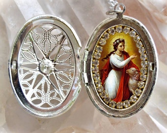 Saint Agnes Handmade Locket Necklace Catholic Christian Religious Jewelry Medal Pendant