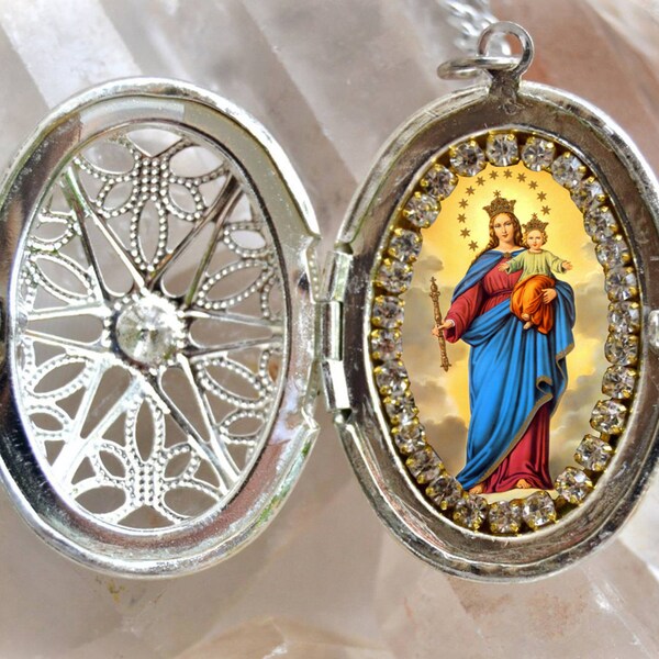 Nuestra Señora, auxilio de los cristianos; Nuestra Señora María Auxiliadora relicario hecho a mano collar religioso católico de Christian joyería medalla colgante