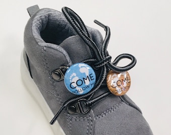 Ten PONYTAIL holders/SHOELACE buttons - One inch - "Come, Follow Me" - Primary - Feet