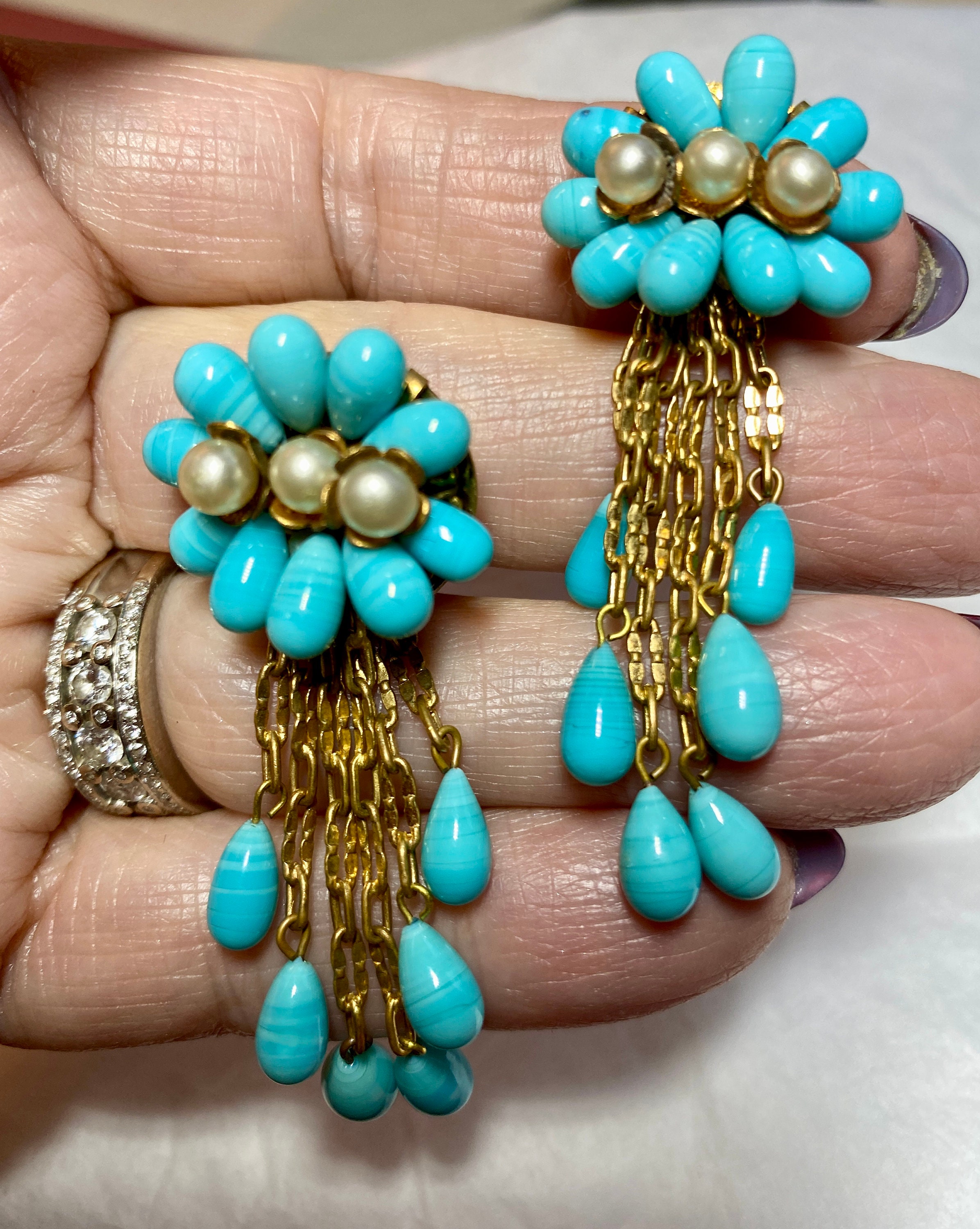Clips D'Oreilles Vintage Années 40 - Louis Rousselet - Pâte De Verre Turquoise - Laiton