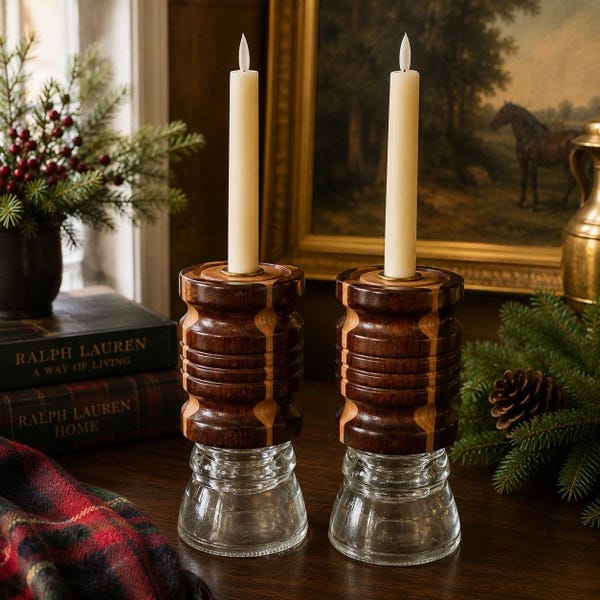 Vintage Hemingray-45 Glass Insulator Turned Wood Candle Holders Pair