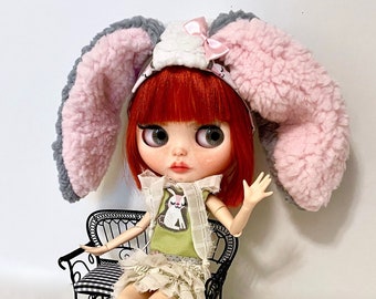 Handmade OOAK BLYTHE Doll Outfit. 12 Inch Doll. Blythe Doll Dress.Blythe Doll Hat.Blythe Bunny Hat. Blythe Rabbit. Blythe Helmet Hat