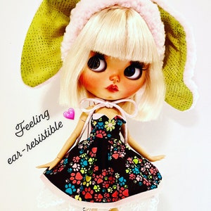 Handmade OOAK BLYTHE Doll Outfit. 12 Inch Doll. Blythe Doll Dress.Blythe Doll Hat.Blythe Bunny Hat. Blythe Rabbit. Blythe Helmet Hat