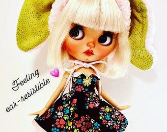 Handmade OOAK BLYTHE Doll Outfit. 12 Inch Doll. Blythe Doll Dress.Blythe Doll Hat.Blythe Bunny Hat. Blythe Rabbit. Blythe Helmet Hat