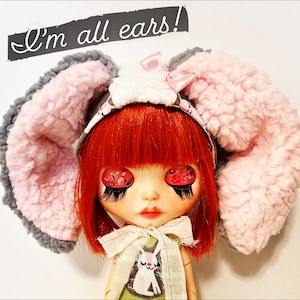 Handmade OOAK BLYTHE Doll Outfit. 12 Inch Doll. Blythe Doll Dress.Blythe Doll Hat.Blythe Bunny Hat. Blythe Rabbit. Blythe Helmet Hat