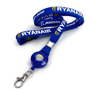 May include: Blue lanyard featuring the word "RYANAIR" in white, along with the logo. It has a retractable reel with a logo and a silver-coloured metal clasp. The text "BOEING" is also visible on the lanyard.