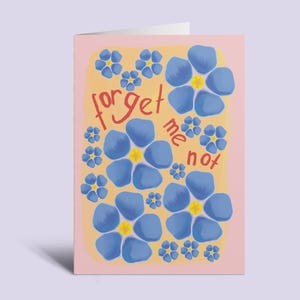 忘れな草の花のグリーティングカード、花のポストカード、フラワーアート、ボタニカルカード、フラワーギフト、手作り、イラスト