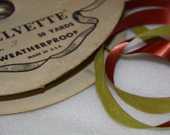 Vintage ribbon made in USA Velvette No 3 copper and green approximate 40 yards original reel genuine vintage ribbon floristry or crafts