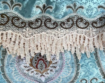 Indian Silk Blend Curtain Fabric: Embroidered Teal Lace Fringe (300x200cm, Two Pieces)