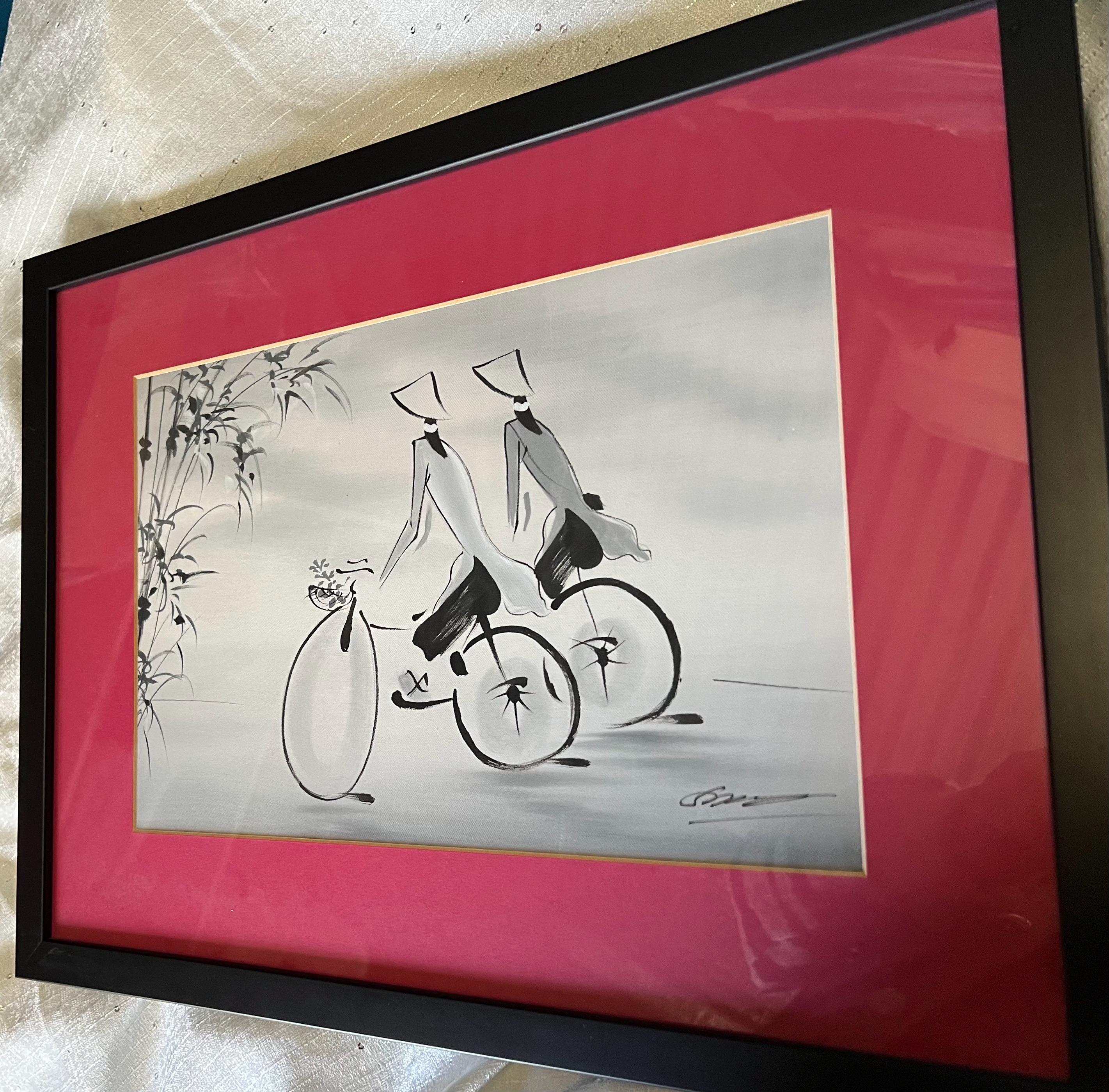 ベトナムの水墨画と水彩画：自転車に乗る女性たち、額装されたミニマ