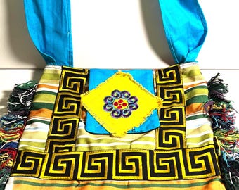 Boho sling bag with colourful embroidery and tassels. Lightweight vintage crossbody bag in rainbow blue multi colours, -  design B22