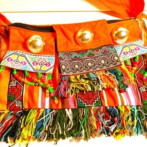 Boho Crossbody Bag Orange Rainbow Festival Bag Embroidered Beaded Pom-Pom Sling Bag Vintage Tiny Bells Hippie Bohemian One of a Kind -18A