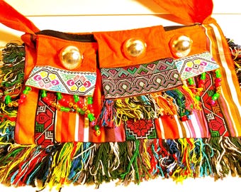 Boho Crossbody Bag Orange Rainbow Festival Bag Embroidered Beaded Pom-Pom Sling Bag Vintage Tiny Bells Hippie Bohemian One of a Kind -18A